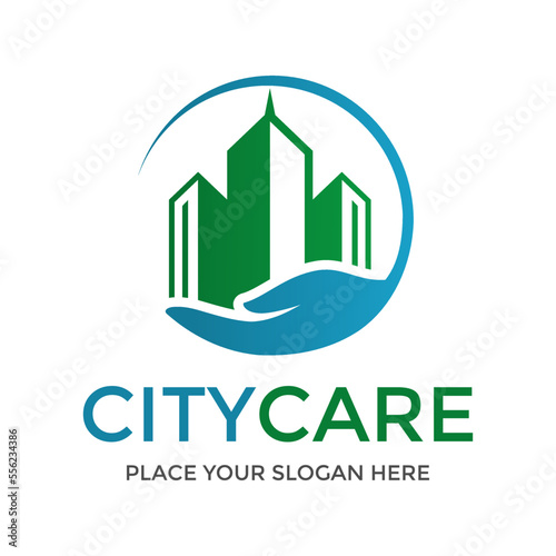 City care vector logo template. This design use hand and building symbol. Suitable for building and industrial.