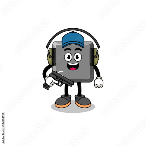 Character mascot of keyboard C key doing shooting range