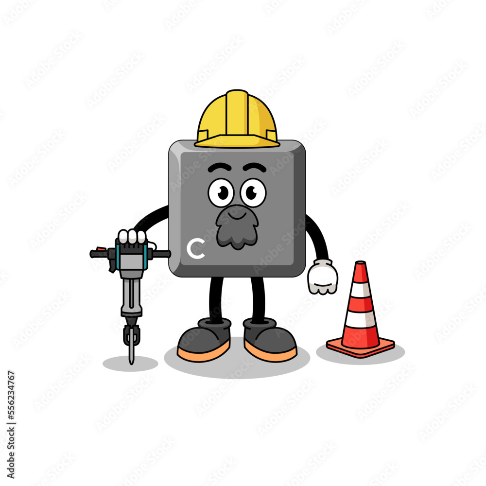 Character cartoon of keyboard C key working on road construction Character cartoon of keyboard C key working on road construction