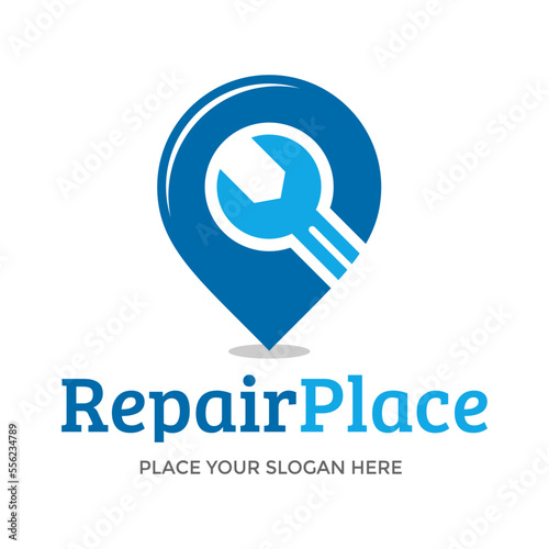 Repair place vector logo template. This design use pin and wrench symbol. Suitable for fix.