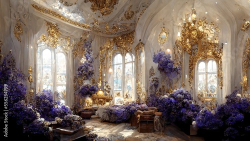 Fantasy scene of luxury golden and violet interior. Generative ai.  © FantasyEmporium