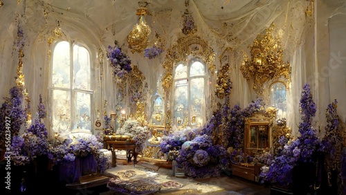 Fantasy scene of luxury golden and violet interior. Generative ai.  © FantasyEmporium