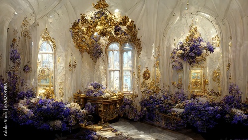 Fantasy scene of elegant luxurious golden and violet interior. Generative ai.  © FantasyEmporium