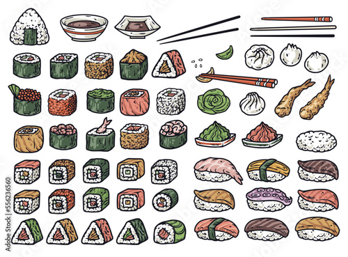 Sushi set or japanese or chinese rolls. Asian food with salmon, nori and shrimp, squid or seafood