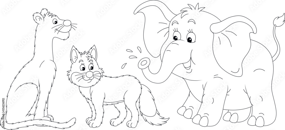 Cartoon set of funny wild animals with a panther, a sly fox and a friendly smiling little elephant, black and white outline vector illustrations for a coloring book