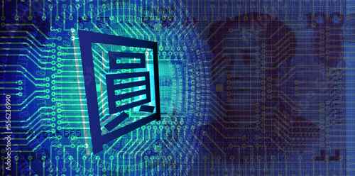 Vector 3D traditional digital Chinese yuan hieroglyph on pixelated one hundred yuan banknote background. Financial and economic poster.