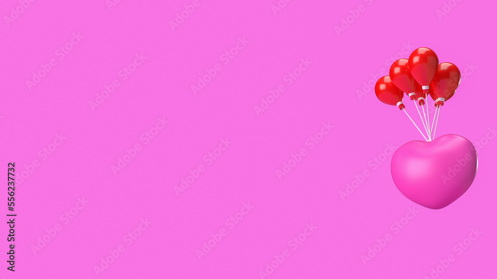 The pink heart and red balloon  for valentine concept 3d rendering