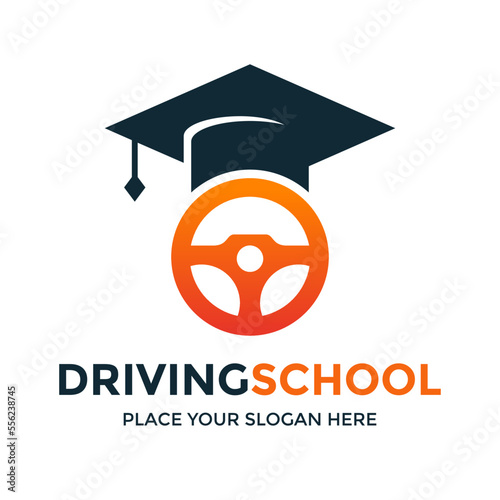 Driving school vector logo template. This design use student hat symbol. Suitable for transportation.