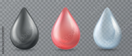 Drop of oil, cream gel for skin care. Liquid vitamin, machine oil, cosmetic product or vitamin bubble. Black,  red, blue drop on transparent background.