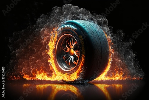 Formula Tire Burning In Flames In With Smoke On Flaming Background Generative AI