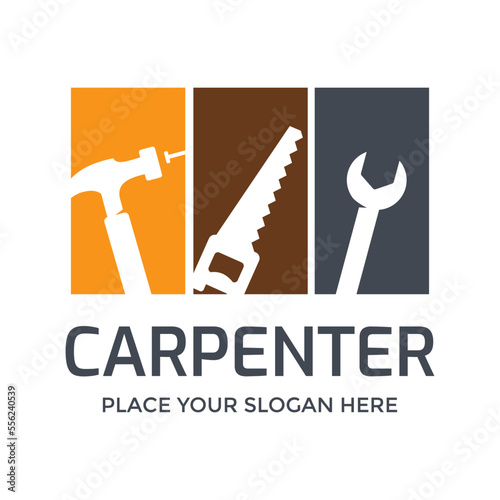 Carpenter vector logo template. This design use hammer, saw and wrench. Suitable for toolkit.