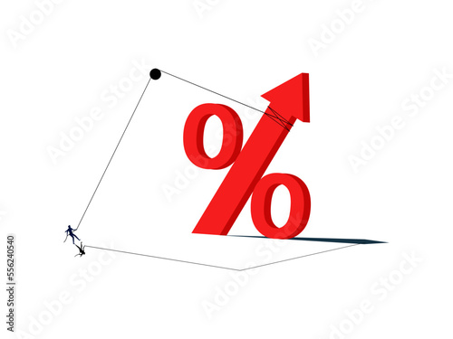 Rising interest and costs. Businessman pulls up the percentage vector