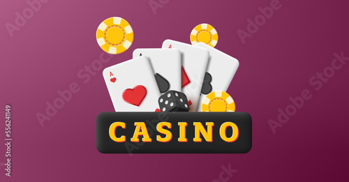 Casino banner 3d label with cards aces, chips and dice, render composition
