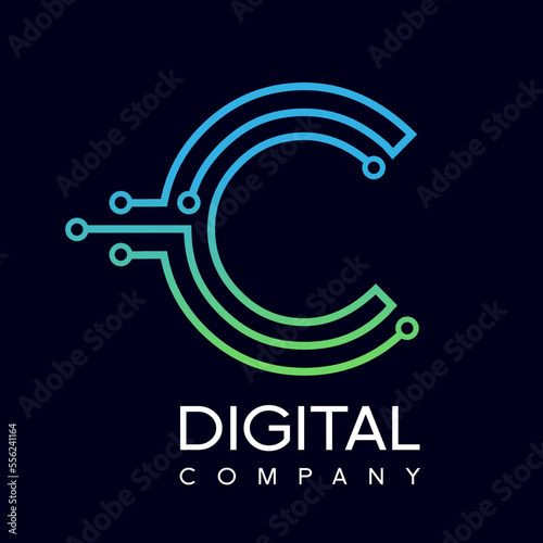 Letter C logo design template,Technology abstract dot connection cross vector logo icon circle logotype. Graphic is suitable for technology, digital, sharp, dot, electric. Gradient blue and green.