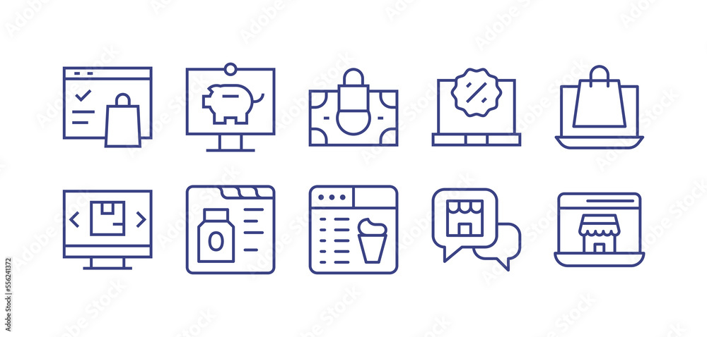 E-commerce line icon set. Editable stroke. Vector illustration. Containing online shopping, online banking, pc, laptop, cyber monday, shipping, online store, online shop, question.