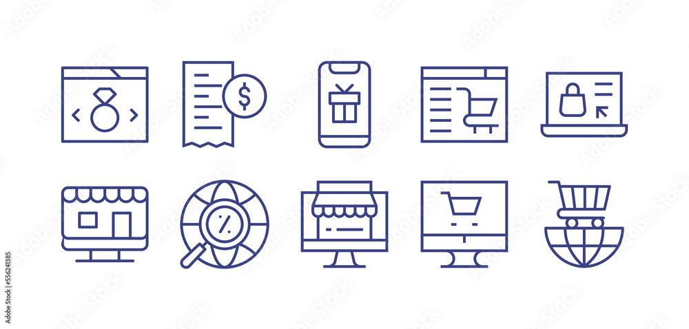 E-commerce line icon set. Editable stroke. Vector illustration. Containing online shop, bill, smartphone, online shopping, searching, trading.