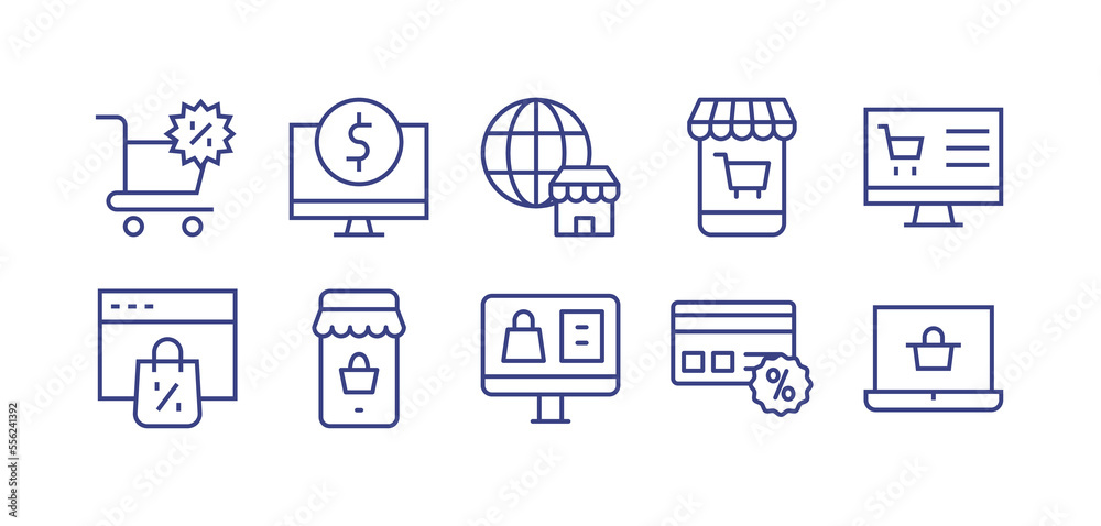 E-commerce line icon set. Editable stroke. Vector illustration. Containing shopping cart, trade, ecommerce, mobile store, online shopping, credit card.