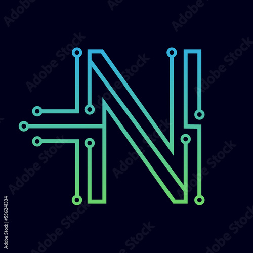 Letter N logo design template,Technology abstract dot connection cross vector logo icon circle logotype. Graphic is suitable for technology, digital, sharp, dot, electric. Gradient blue and green.