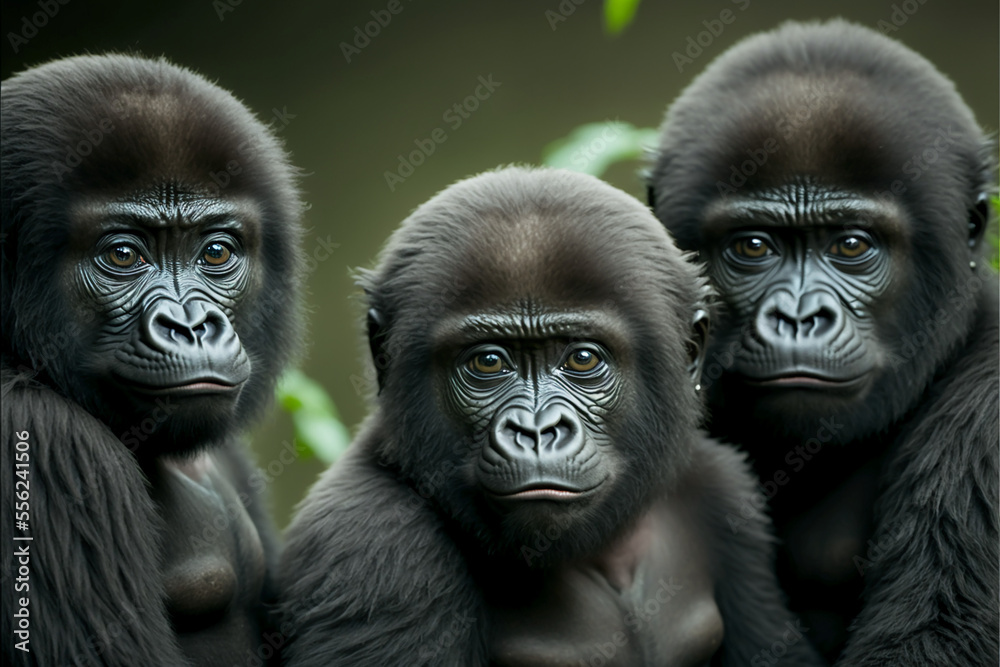 Obraz premium Group of three young gorillas. Herbivorous primates of Africa. Generative AI.