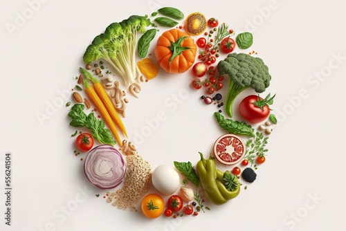 Various Vegetables And Healthy Food In Circle On White Background Generative AI