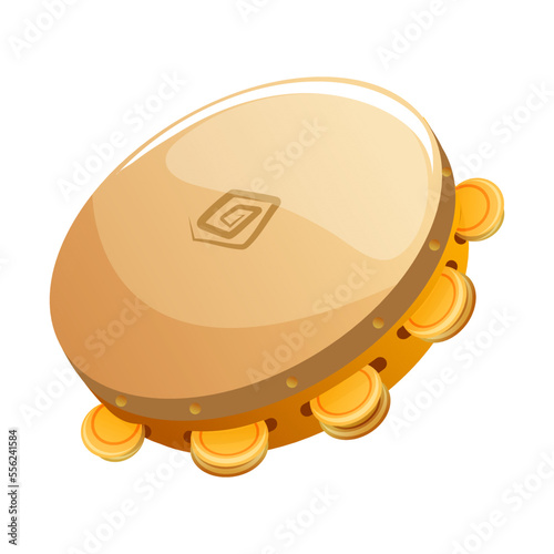 Leather percussion tambourine with golden metal plates isolated on white background. Traditional drum acoustic for party, concert. Carnival sonorous sound. Event logo folk music. Vector illustration