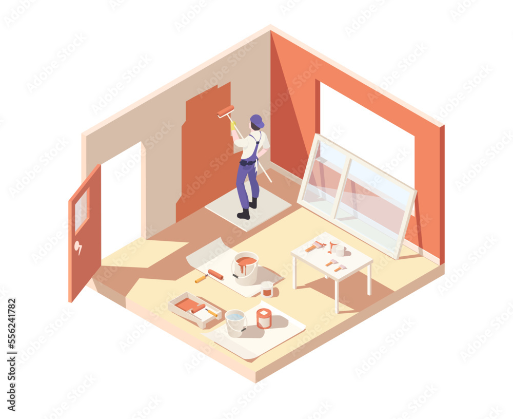 Painter service works indoor. Full paint can and equipment for professional painter. Worker in uniform painting roller wall panels in interior. House renovation process. Isometric vector illustration Painter service works indoor. Full paint can and equipment for professional painter. Worker in uniform painting roller wall panels in interior. House renovation process. Isometric vector illustration