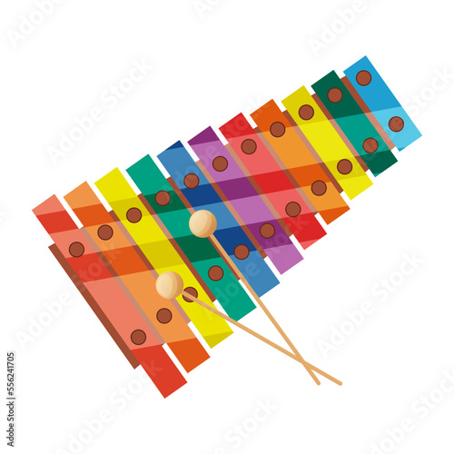 Xylophone baby toy rainbow color isolated on white background. Kids orchestra classical instrument with wooden sticks, drumstick. Colorful design preschool music class education. Vector illustration