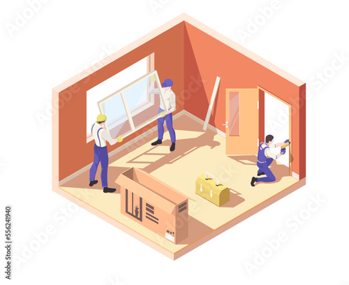 Installer workers from interior renovation service. Professional repairman in blue uniform installing window and door frame inside room. House indoor renovation process. Isometric vector illustration