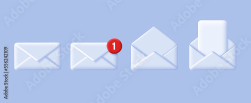 Set of 3d white mail envelops, open with document and closed with red dot notification