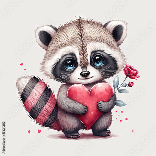  a raccoon holding a heart and a flower on a white background with a pink rose and a striped heart. generative ai