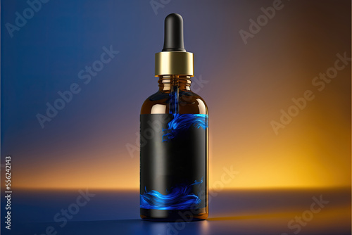  a bottle of blue liquid with a gold cap on a blue background with a gold cap on the top. Generative AI