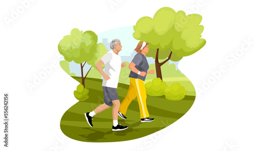 Old sporty couple senior and woman jogging in city park. Outdoor running activity and healthy lifestyle. Elderly people in sportswear suit doing morning exercise. Cartoon isolated vector illustration