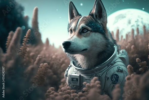 Dog astronaut in a space suit. Moon. Generative AI