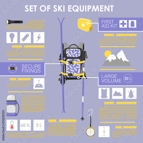 Winter sport set of equipment for alpine tourist skier. Infographic characteristics of outfit bag, compass, first aid, thermos for mountain tourism. Template for landing page shop. Vector illustration