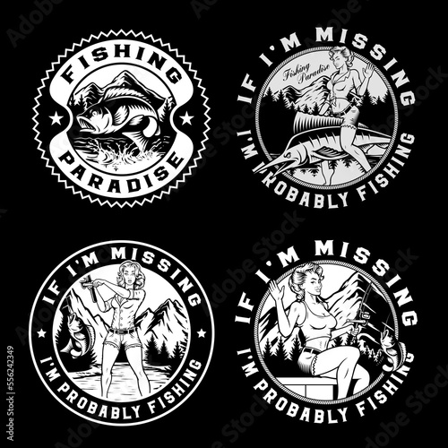 Set of vintage black and white badges on the theme of fishing with pin-up girls, marline, fish, mountains