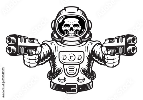 Skeleton astronaut with guns isolated on white background 