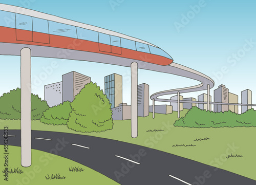 Monorail train road city graphic color landscape sketch illustration vector