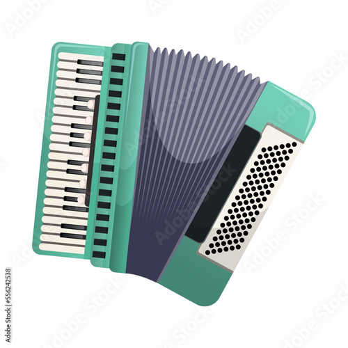 Classical accordion turquoise color isolated on white background. Harmonic musical instrument with keyboard. Traditional culture vintage folklore acoustic Russian Bayan. Realistic vector illustration
