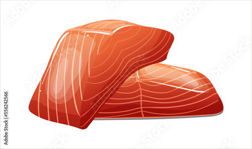 Red salmon meat slices isolated on white background. Realistic detailed seafood healthy delicacy salmon fillet steaks. Fresh traditional japanese sashimi salty dish from sea fish. Vector illustration