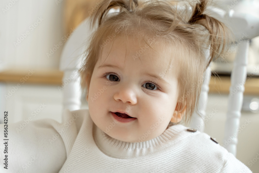 Happy baby girl smiling at camera sitting in highchair in casual wearing in white kitchen. Cute child with pigtails. Childhood, babyhood, people concept. Copy space Happy baby girl smiling at camera sitting in highchair in casual wearing in white kitchen. Cute child with pigtails. Childhood, babyhood, people concept. Copy space