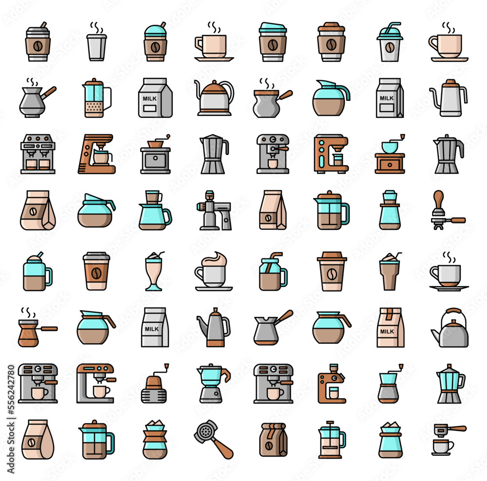 Set of Coffee Related Vector Line Icons. Contains such Icons as Cezve, Coffee Maker Machine, Beans and more. Barista icons set. coffee icon pack. Set of barista vector icons for web design