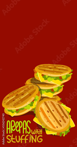 Illustration of Cuban arepas buns stuffed with inscriptions. Latin American cuisine. Local hamburger, pastries. Vector for use in marketing. Banner, leaflet and other information