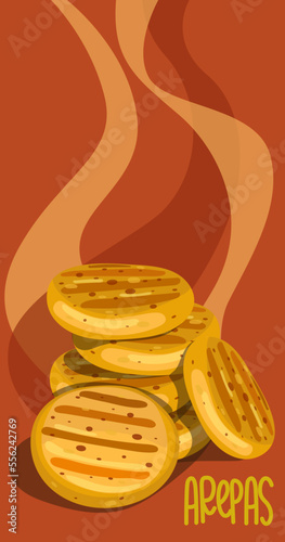 Illustration of Cuban arepas buns on an abstract background in the form of smoke. Latin American cuisine. Local hamburger, pastries. Vector for use in marketing, banner, leaflet and other information