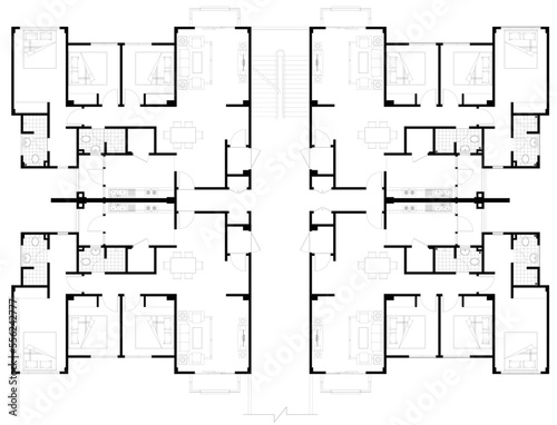 Architect's layout drawing of 4 medium size apartments with 3 bedrooms complete with furniture. 2D drawing using CAD in black and white. 4 houses sharing the same floor. 