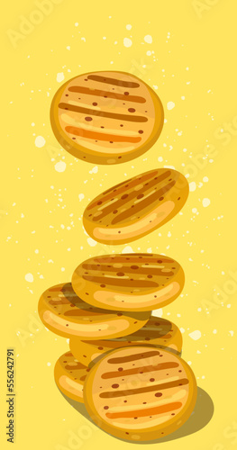 Illustration of Cuban arepas buns on a yellow background. Latin American cuisine. Local hamburger, pastries. Vector for use in restaurant menu, marketing, banner, leaflet and other printed information