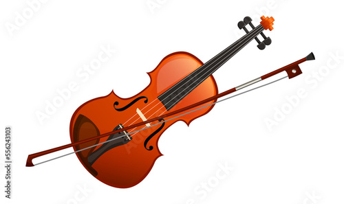 Beautiful wooden violin with a fiddle bow isolated on white background. Realistic musical instrument of musician. Vintage antique violin for orchestra of classical music concert. Vector illustration photo