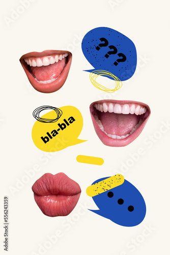 Vertical collage photo of talking mouth people conversation phrases opinions dialogue blabla useless information isolated on white color background