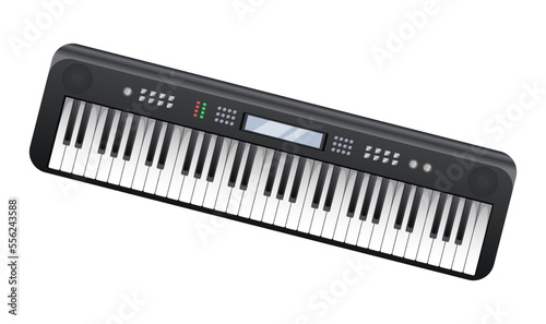 Synthesizer electronic music piano keyboard isolated on white background. Musician concert equipment. Digital instrument icon producer record sound. Studio black realistic synth. Vector illustration