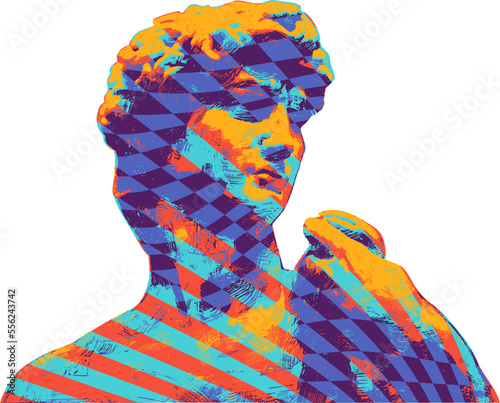 David, vector artwork, Michelangelo masterpiece colorful drawing, engraving, painting. Psychedelic art