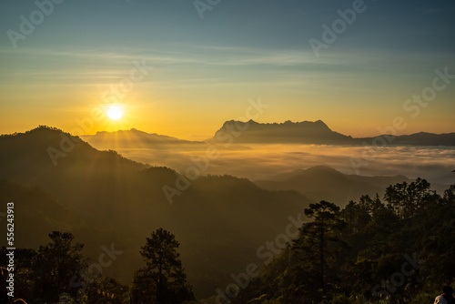 Majestic view of Doi Luang Chiang Dao in northern Thailand, the third highest mountain in Thailand, seen with beautiful dramatic clouds and colorful sky